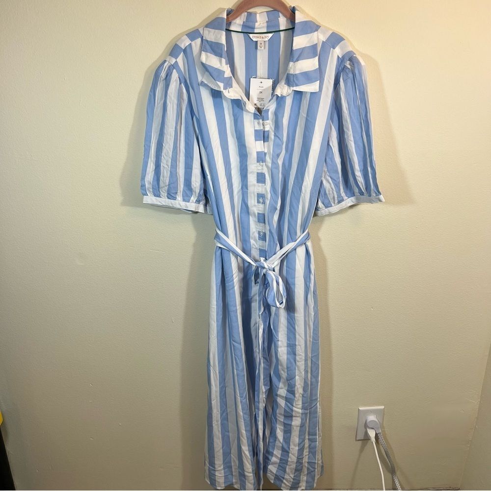 Crown & Ivy Women’s Blue White Striped Belted Shirt Dress 3X NWT - Picture 3 of 15